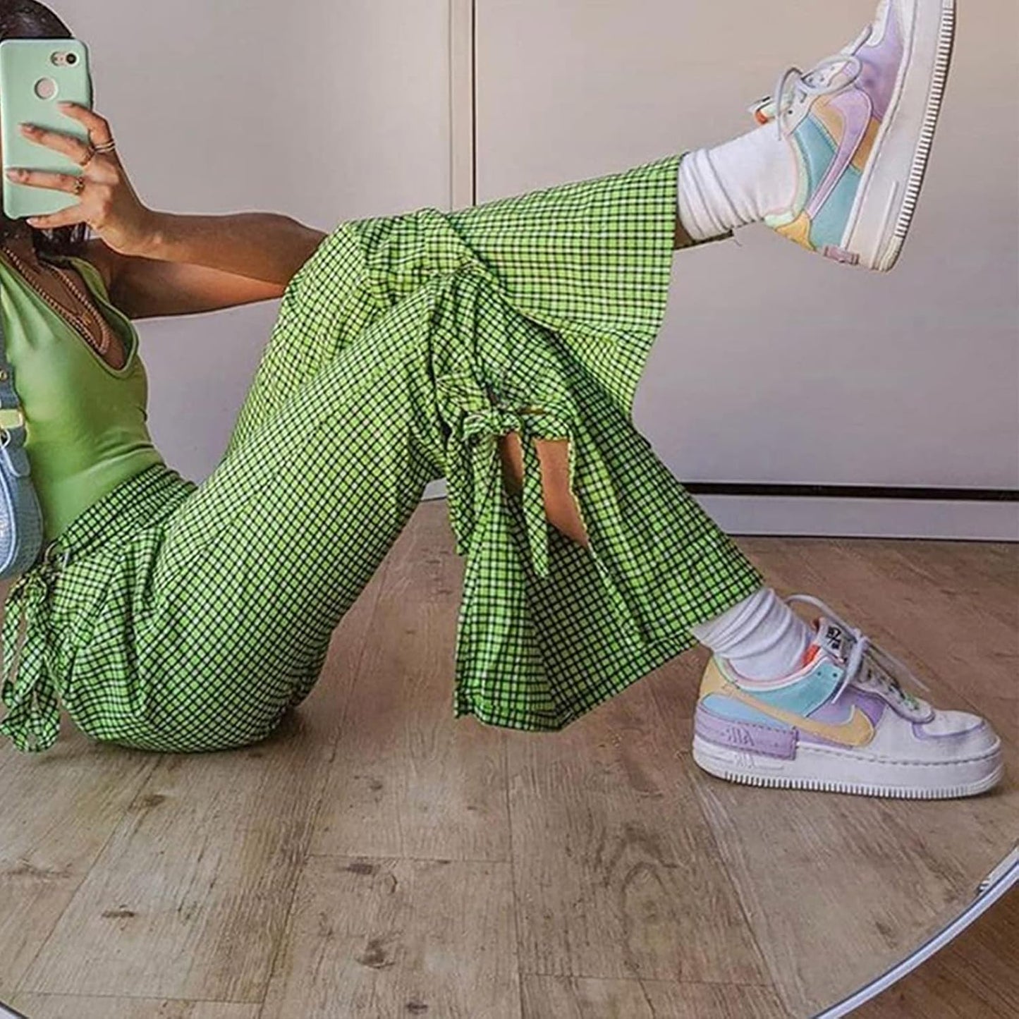 Women Plaid Wide Leg Pants with Slit Y2K High Waisted Bell Bottom Pants Lace up Elastic Trousers 90S 00S Streetwear