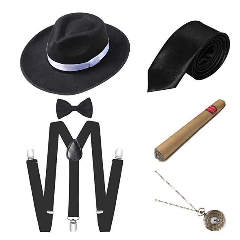 1920S Mens Great Gatsby Accessories Set Roaring 20S 30S Retro Gangster Costume Tie Hat