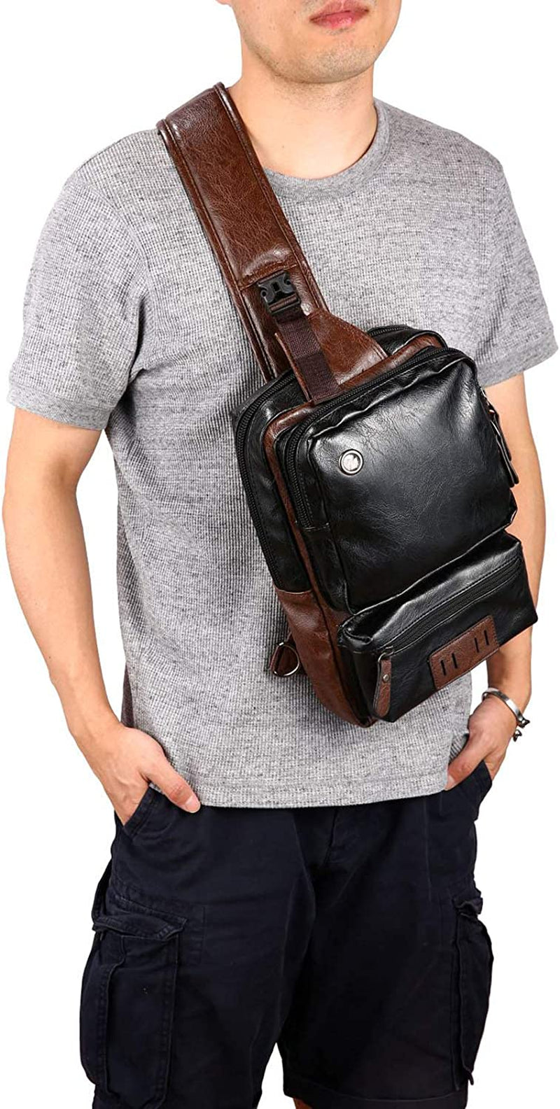 Men'S Lightweight PU Leather Sling Bag - Breathable Crossbody Pack with USB Charging Port & 6 Pockets, Easy Access Organizer for Tablet/Gym Essentials - Commute, Travel, Work(Black)