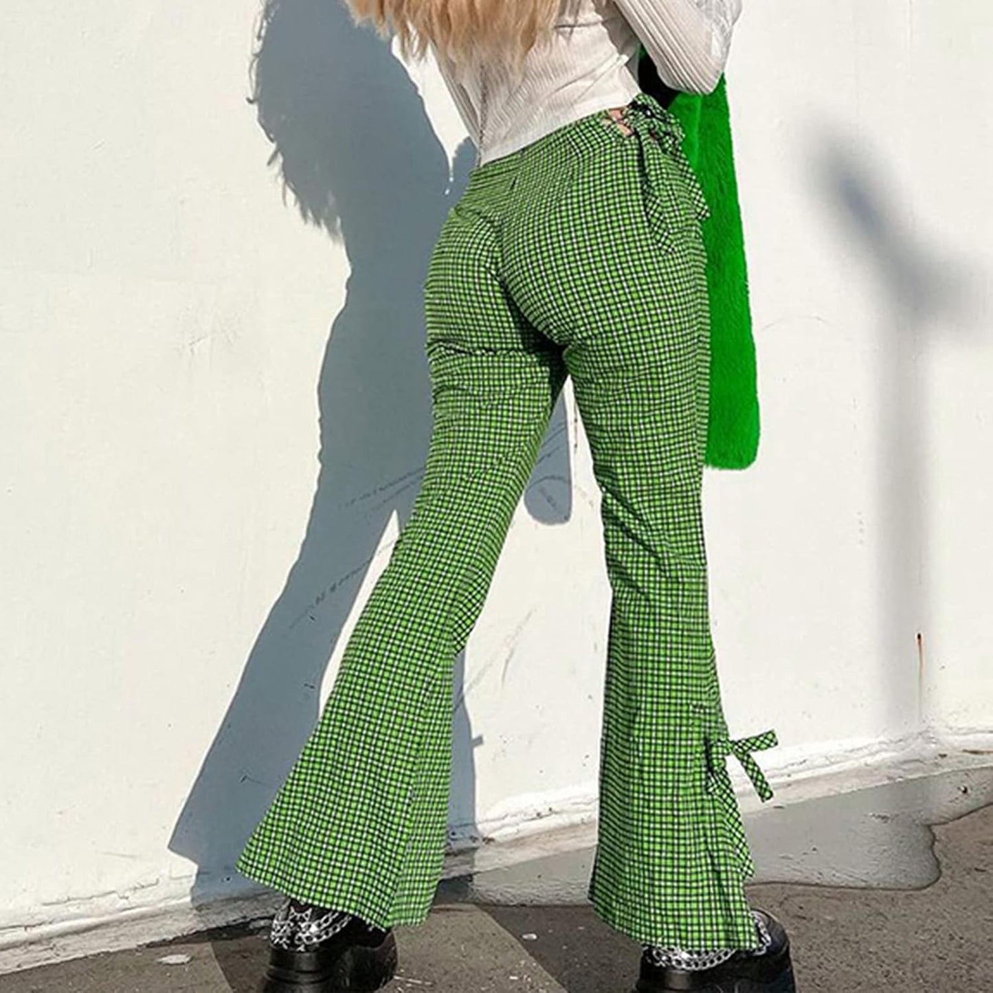 Women Plaid Wide Leg Pants with Slit Y2K High Waisted Bell Bottom Pants Lace up Elastic Trousers 90S 00S Streetwear