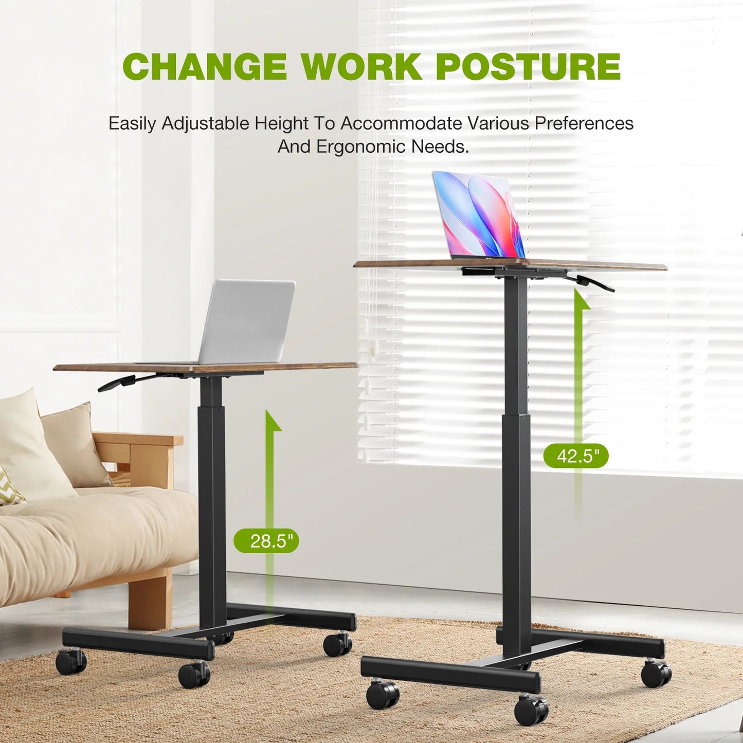 Standing Desk Converter with Lockable Wheels - Adjustable Height Sit to Stand Desk for Computer and Laptop, Rust Brown