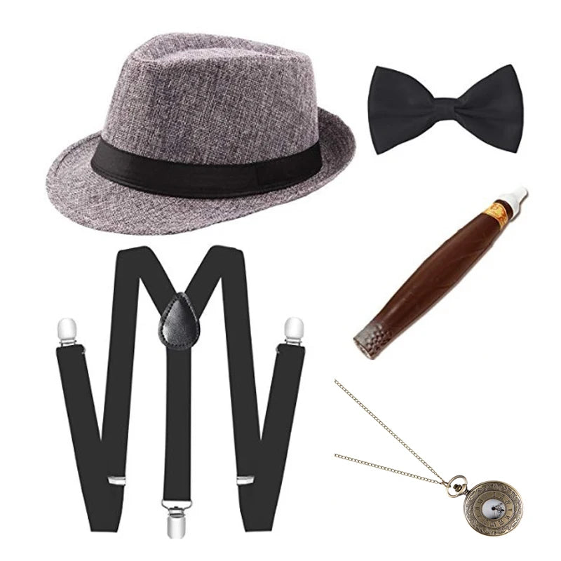 1920S Mens Great Gatsby Accessories Set Roaring 20S 30S Retro Gangster Costume Tie Hat