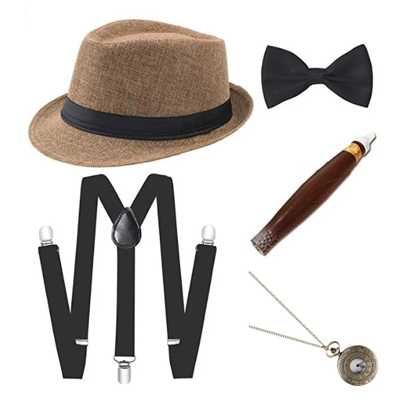 1920S Mens Great Gatsby Accessories Set Roaring 20S 30S Retro Gangster Costume Tie Hat