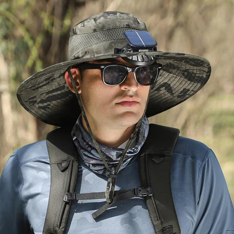 Summer Outdoor Men Large Brimsun Hat Sunscreen Hiking Fishing Cap Solar-Powered Rechargeable Large Wind Fan Fisherman Hat