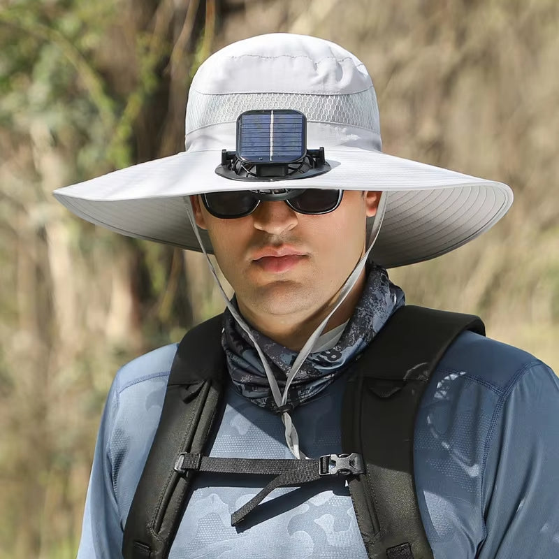 Summer Outdoor Men Large Brimsun Hat Sunscreen Hiking Fishing Cap Solar-Powered Rechargeable Large Wind Fan Fisherman Hat
