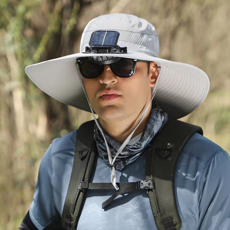 Summer Outdoor Men Large Brimsun Hat Sunscreen Hiking Fishing Cap Solar-Powered Rechargeable Large Wind Fan Fisherman Hat