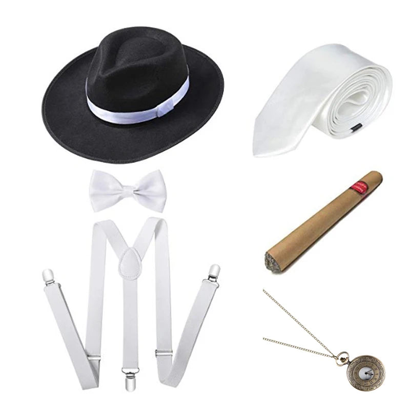 1920S Mens Great Gatsby Accessories Set Roaring 20S 30S Retro Gangster Costume Tie Hat