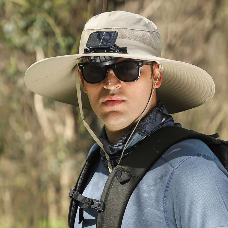Summer Outdoor Men Large Brimsun Hat Sunscreen Hiking Fishing Cap Solar-Powered Rechargeable Large Wind Fan Fisherman Hat