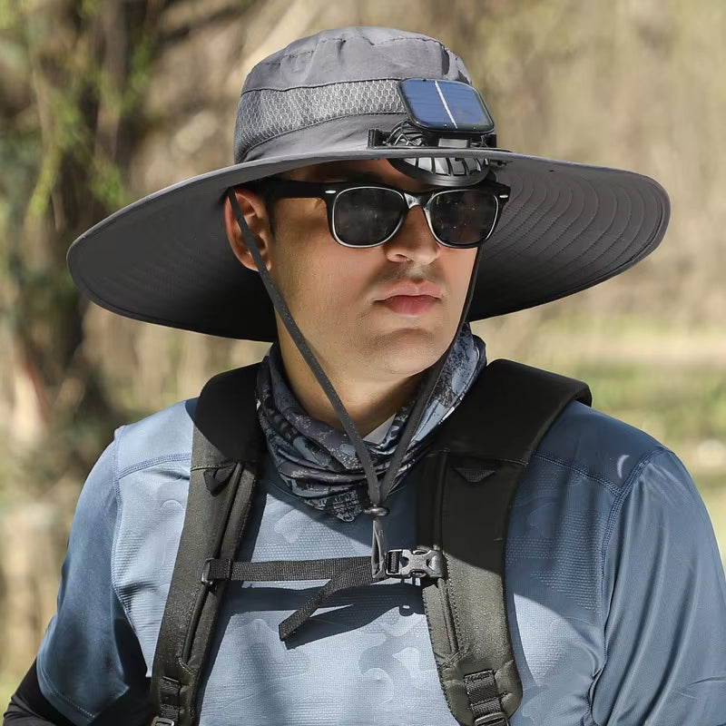 Summer Outdoor Men Large Brimsun Hat Sunscreen Hiking Fishing Cap Solar-Powered Rechargeable Large Wind Fan Fisherman Hat