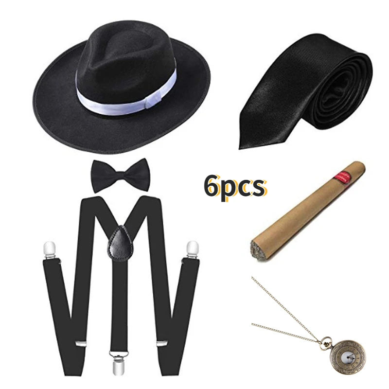 1920S Mens Great Gatsby Accessories Set Roaring 20S 30S Retro Gangster Costume Tie Hat