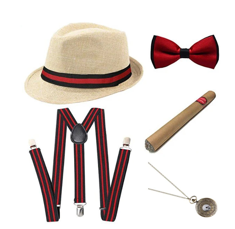 1920S Mens Great Gatsby Accessories Set Roaring 20S 30S Retro Gangster Costume Tie Hat