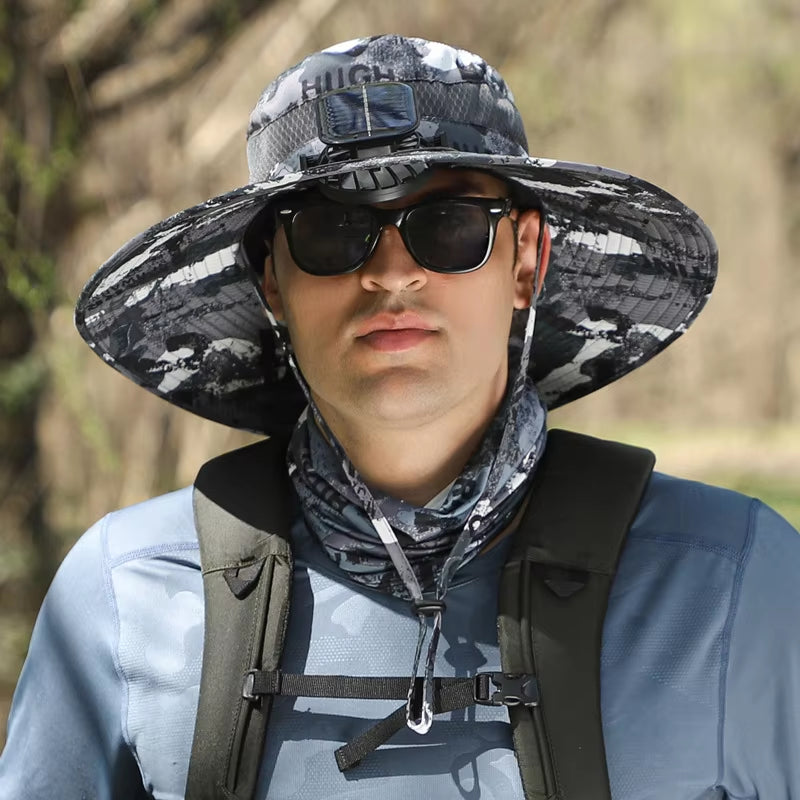 Summer Outdoor Men Large Brimsun Hat Sunscreen Hiking Fishing Cap Solar-Powered Rechargeable Large Wind Fan Fisherman Hat