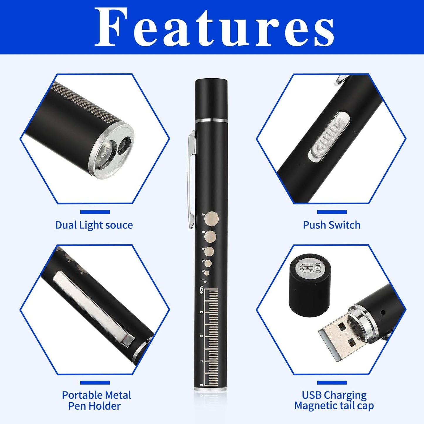 Pen Light, Reusable LED Penlight for Students Doctors Nurses with 2 LED Sources, USB Rechargeable, Extra Warm Light Bulb, Pocket Clip(Black, Silver,2 Pieces)