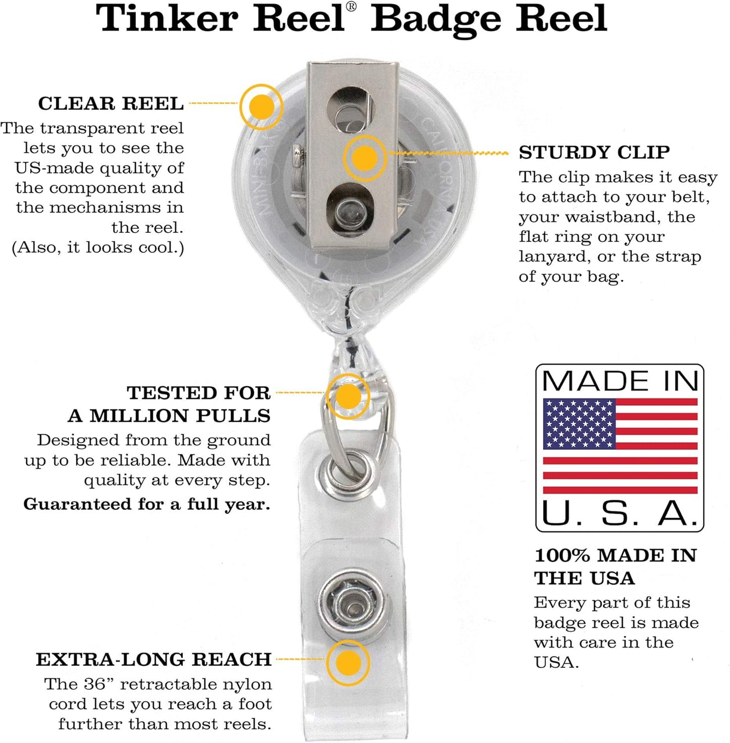 Anatomy Two Tinker Reel Retractable Badge Reel - with Alligator Clip and Extra-Long 36 Inch Standard Duty Cord - Made in the USA