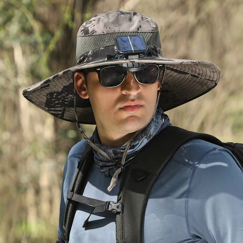 Summer Outdoor Men Large Brimsun Hat Sunscreen Hiking Fishing Cap Solar-Powered Rechargeable Large Wind Fan Fisherman Hat
