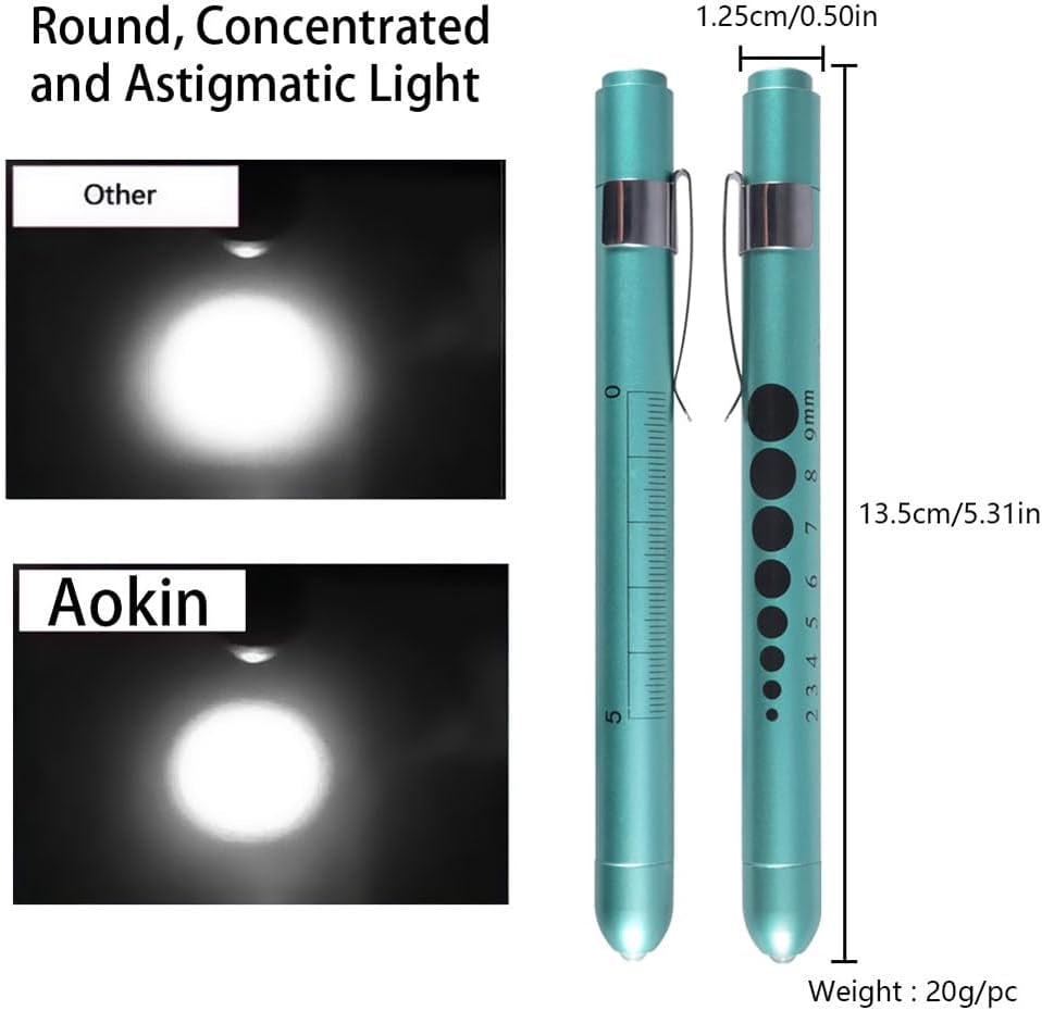 Medical Pen Light for Nurse Doctor, Reusable LED Medical Penlight Flashlight with Pupil Gauge and Ruler, White Light, Teal