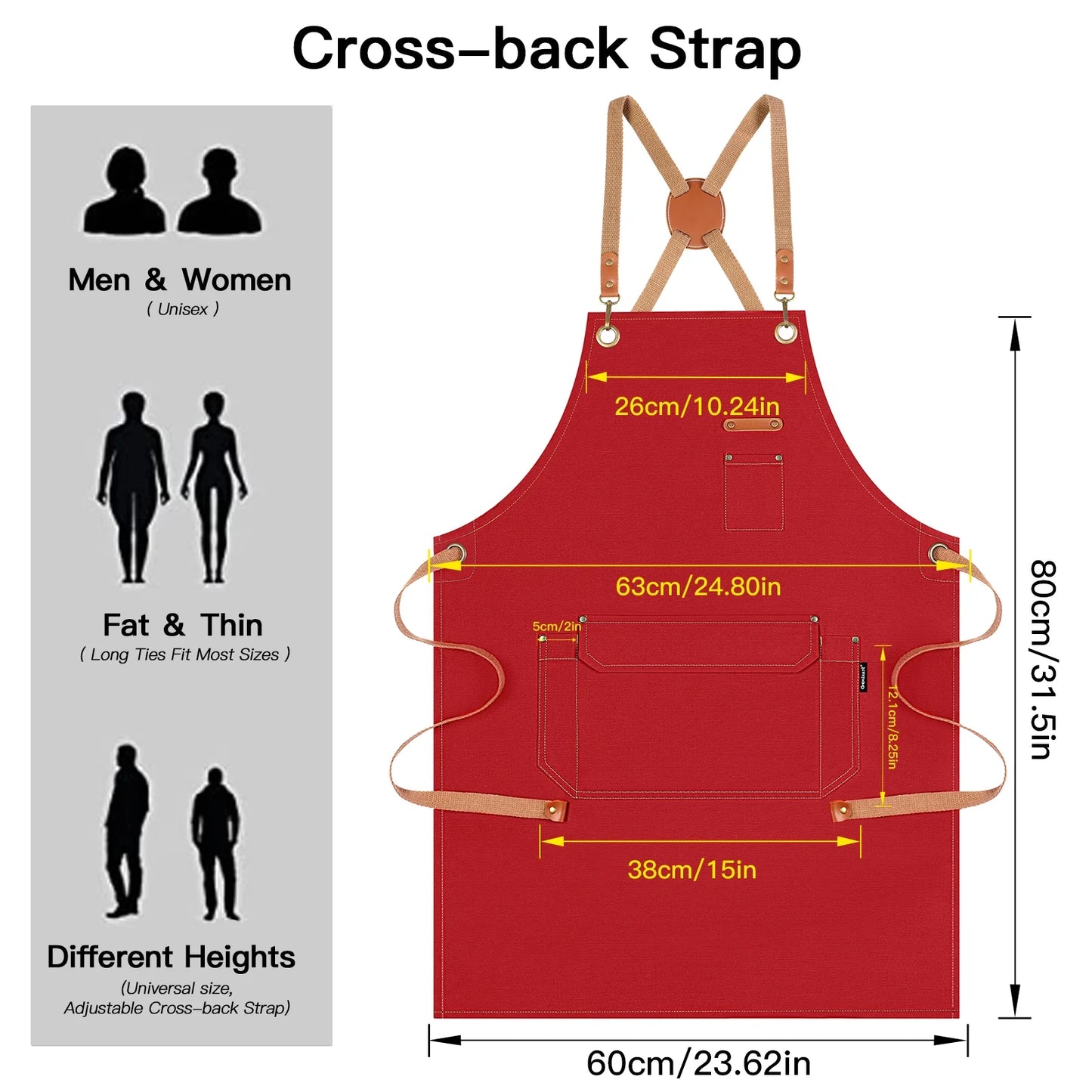 Chef Apron Artist Painting Gardening Work Apron Barista Bartender Barber Shop Apron, Cross Back Adjustable Strap Men Women Canvas Aprons with Large Pockets for Kitchen Cooking Baking Grilling – Red