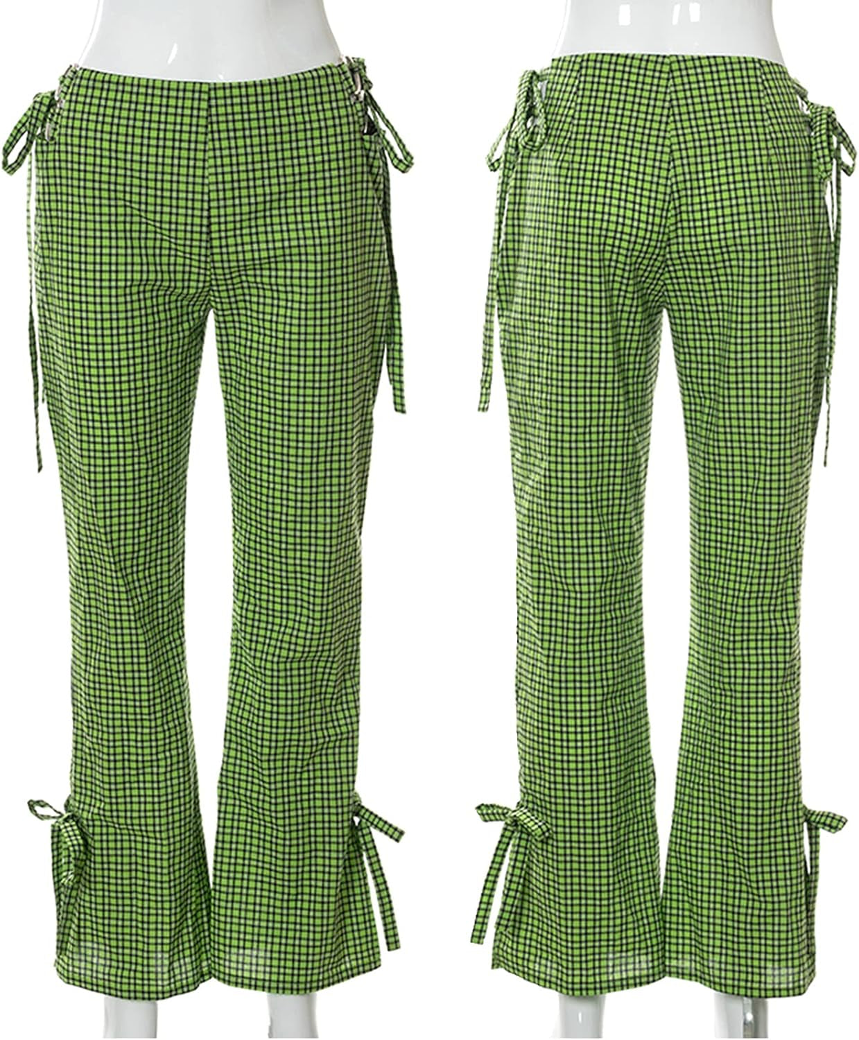 Women Plaid Wide Leg Pants with Slit Y2K High Waisted Bell Bottom Pants Lace up Elastic Trousers 90S 00S Streetwear