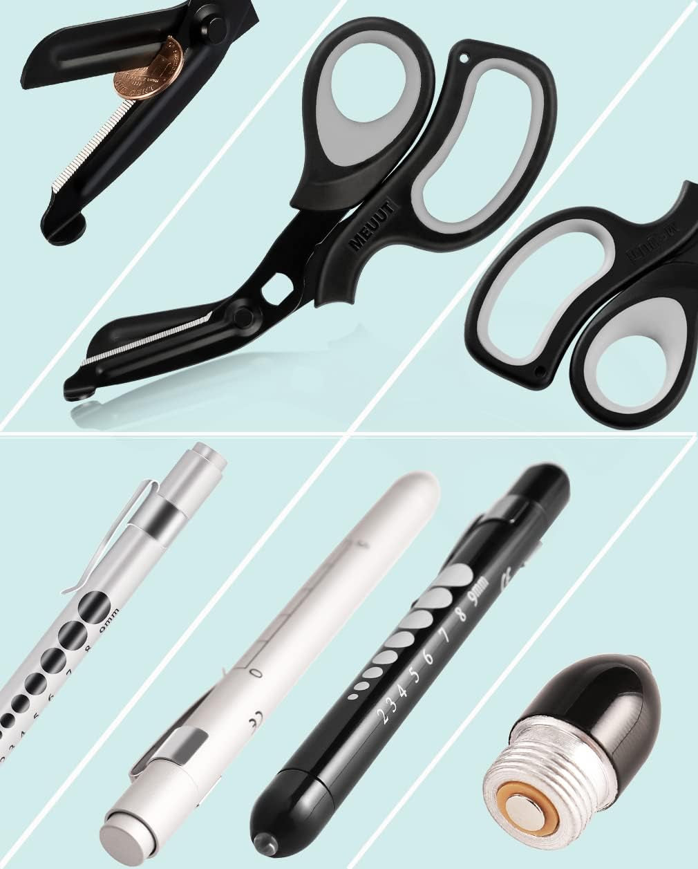 3 Pack Medical Scissors and Penlights for Nurses –First Aid Kits with Two Medical Pen Lights Four Batteries, One 8 Inches Ergonomical Bandage Scissors Trauma Shears for Medical Supplies