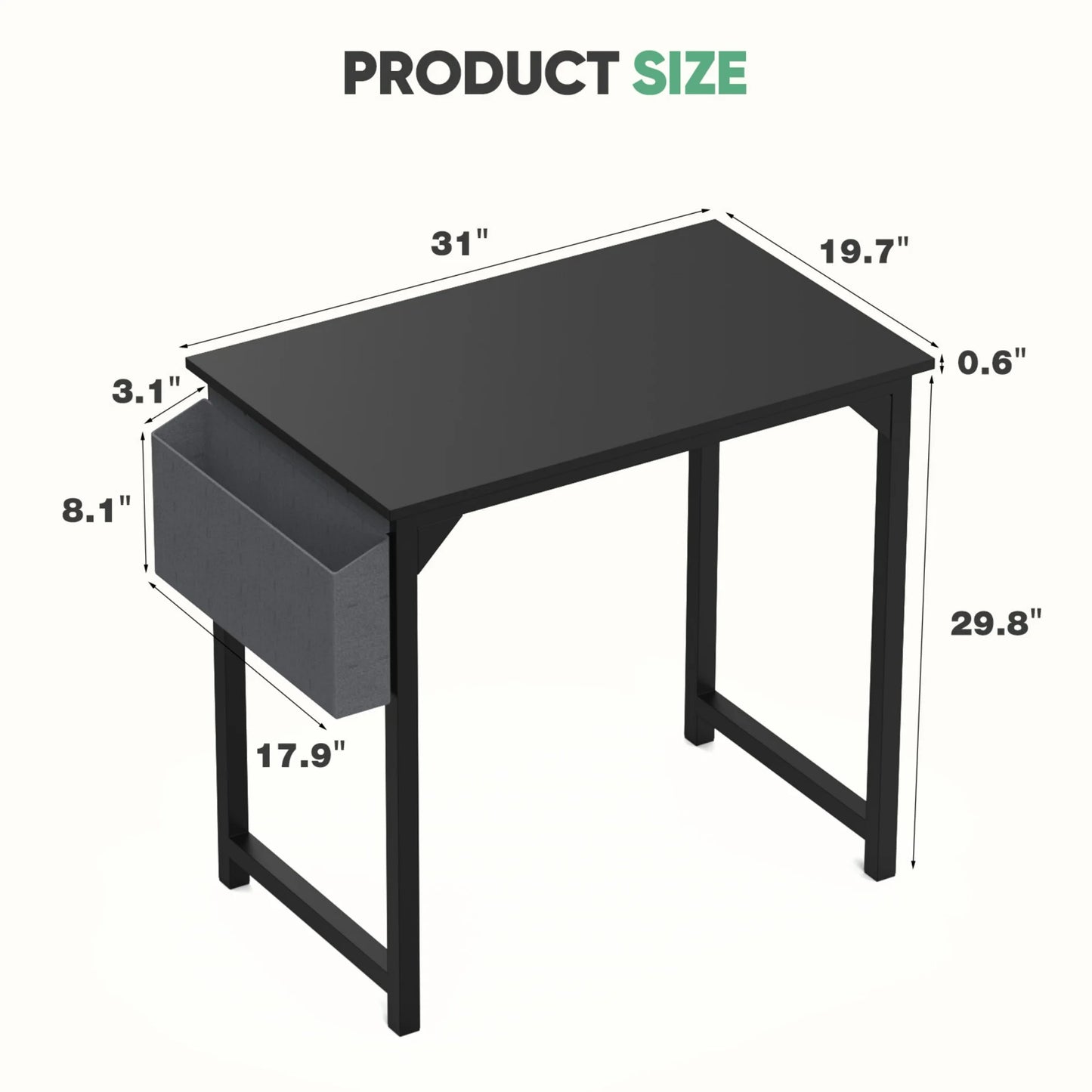 Modern Office Desk Sturdy Computer Table with Storage Bag & Iron Hook for Home Bedroom 31", Black
