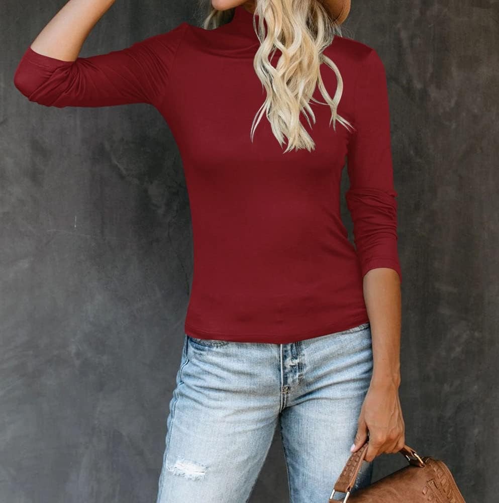 Women'S Cute High Neck Long Sleeve Slim Fit Stretch Striped T-Shirts Basic Shirt Fall Clothes Burgundy Small