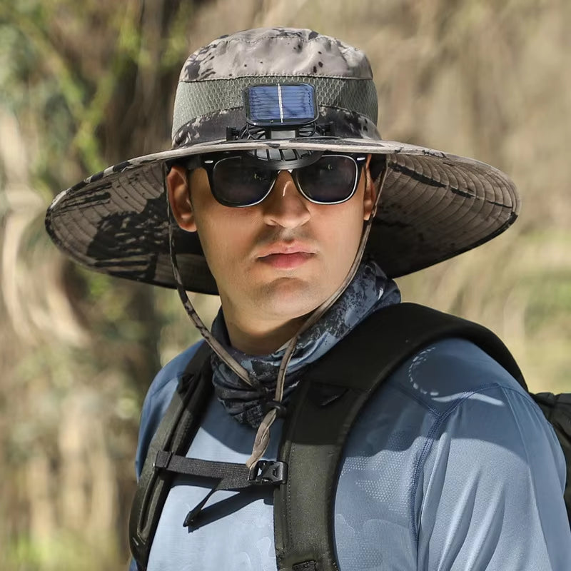 Summer Outdoor Men Large Brimsun Hat Sunscreen Hiking Fishing Cap Solar-Powered Rechargeable Large Wind Fan Fisherman Hat