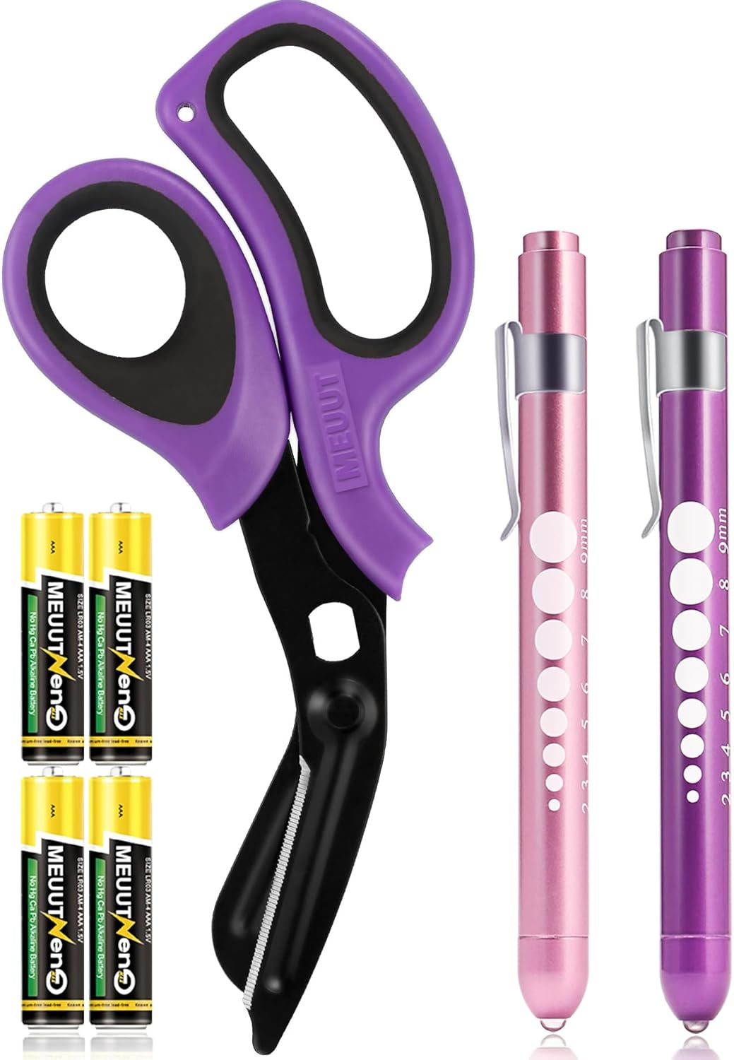 3 Pack Medical Scissors and Penlights for Nurses with Four Batteries-One 8" Patented Trauma Scissor Bandage Scissor Two LED Pen Lights for Nurse Doctor EMT First Aid