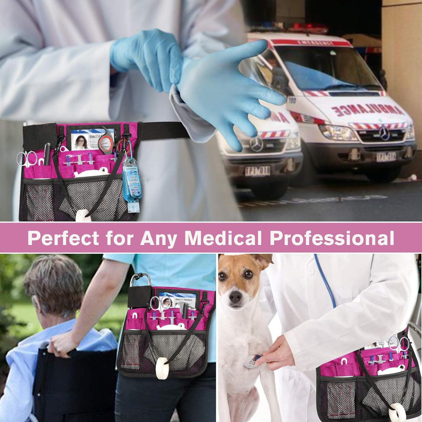 Nursing Organizer Belt, Nurse Fanny Pack with Tape Holder, Multi Compartment Medical Pack Pocket | Nurse Apron Hip Bag for Stethoscopes, Bandage Scissors and Other Medical Supplies, Magenta