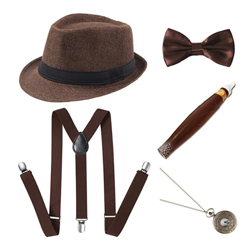 1920S Mens Great Gatsby Accessories Set Roaring 20S 30S Retro Gangster Costume Tie Hat
