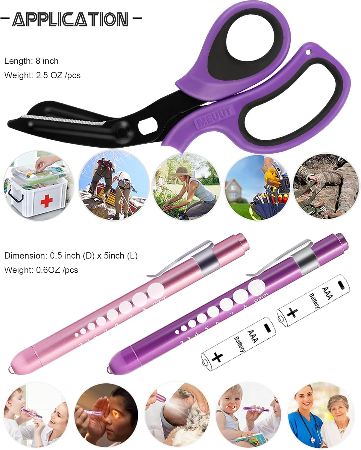 3 Pack Medical Scissors and Penlights for Nurses with Four Batteries-One 8" Patented Trauma Scissor Bandage Scissor Two LED Pen Lights for Nurse Doctor EMT First Aid