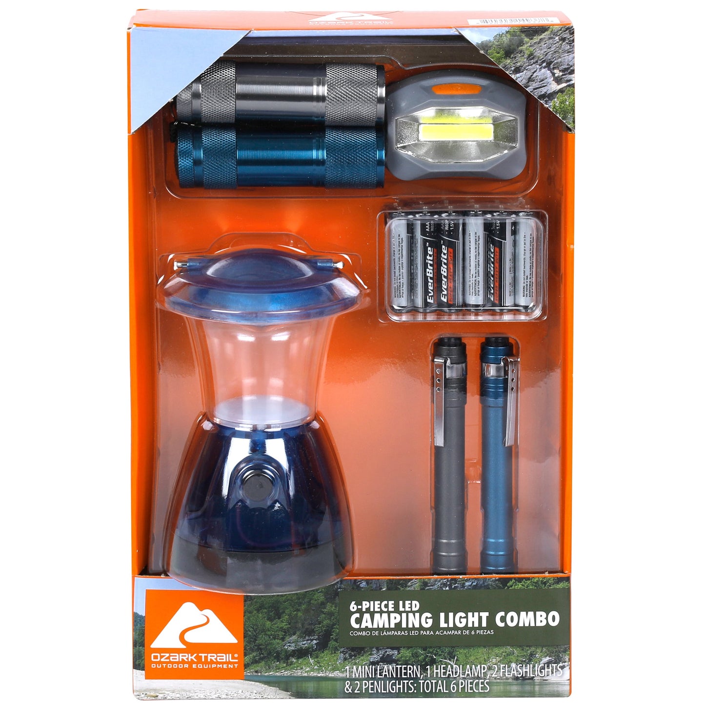 6 Piece LED Flashlight, Headlamp, Lantern, and Penlight Combo Set for Camping and Emergencies