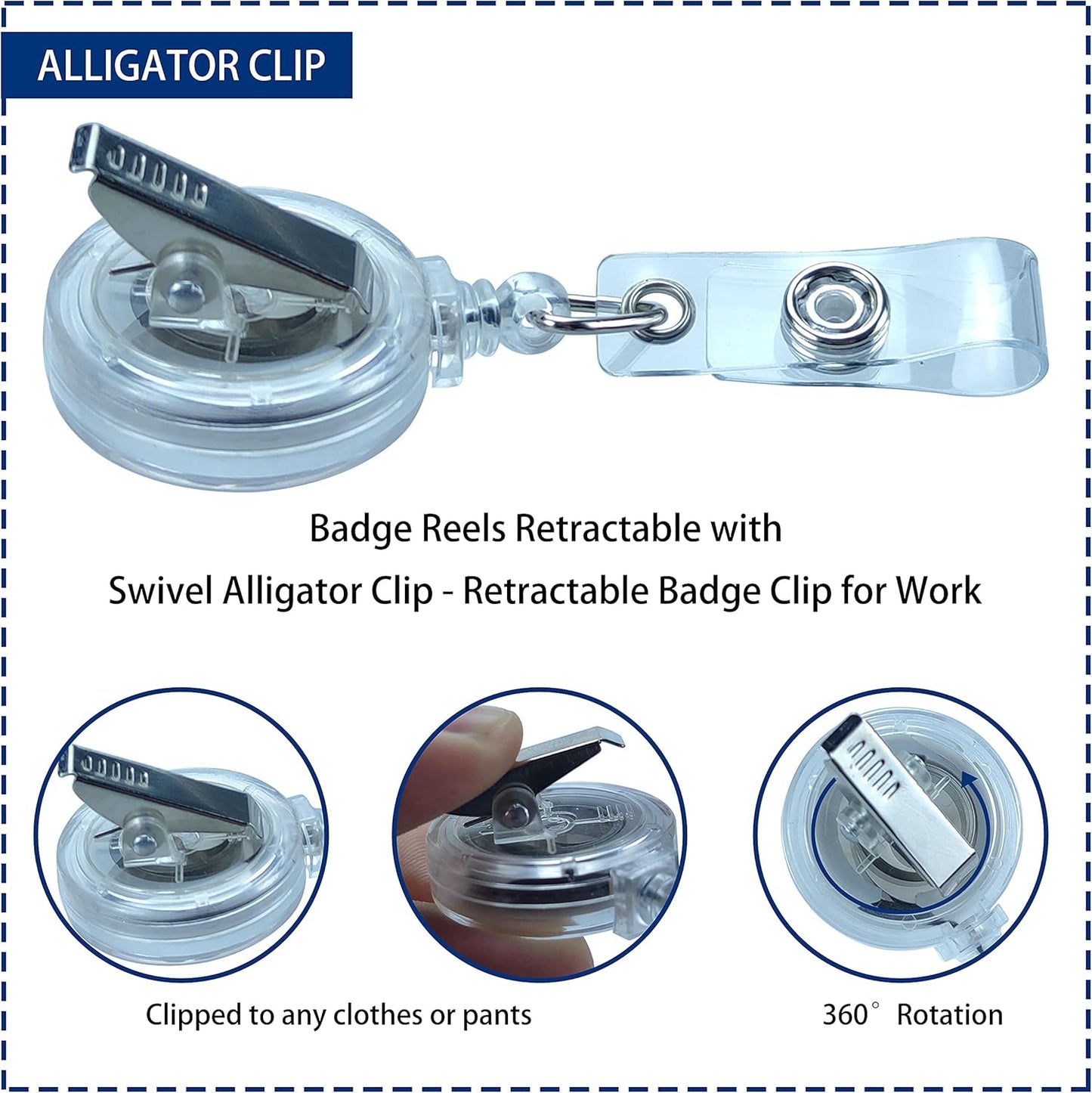 Badge Reels Retractable Badge Holder with Clip, Id Clips for Badges, Id Badge Reel, Retractable Id Badge Clip with Clear Vinyl Strap & Alligator Swivel, No Twist Dispenser (Clear)