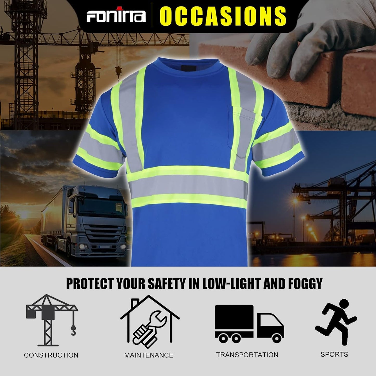 Safety Reflective High Visibility Shirt for Men ANSI Class 3 Hi Vis Construction Work Shirts with Short Sleeve(Blue,L)