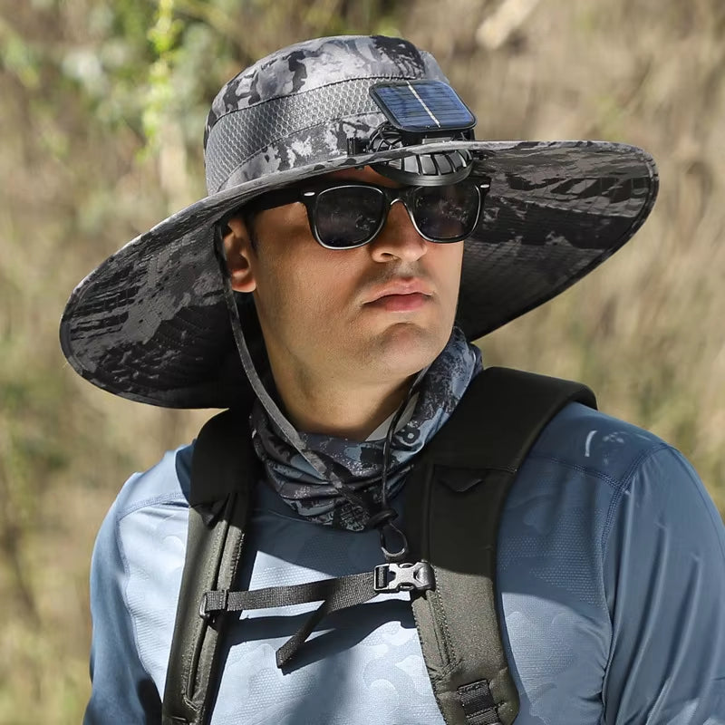 Summer Outdoor Men Large Brimsun Hat Sunscreen Hiking Fishing Cap Solar-Powered Rechargeable Large Wind Fan Fisherman Hat