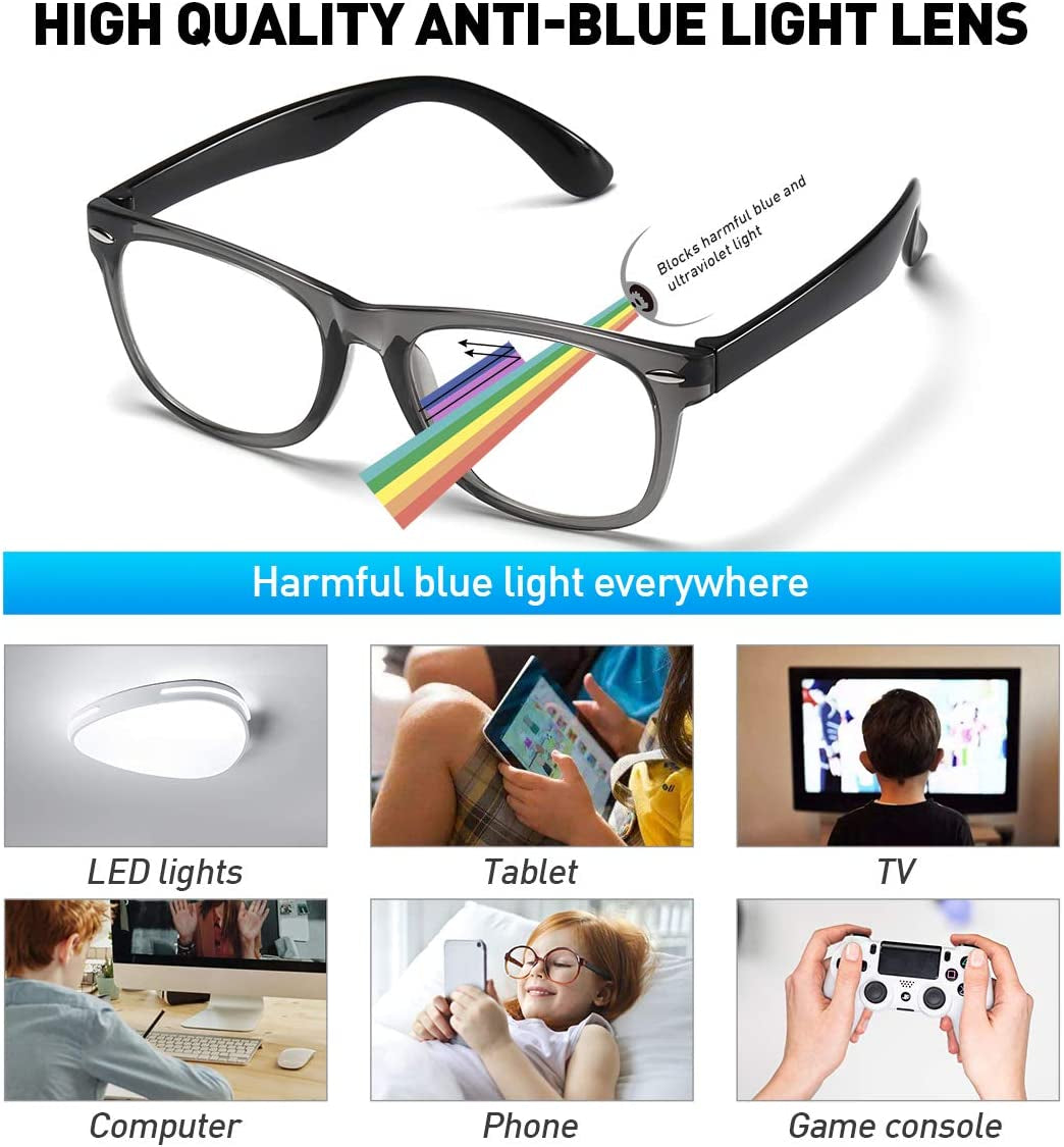 Kids Blue Light Blocking Glasses Girls Boys 2 Pack, Computer Video Gaming Glasses for Kids Girls Boys Age 3-10,Anti Blue Light & Headache (Transparent Black + Transparent)