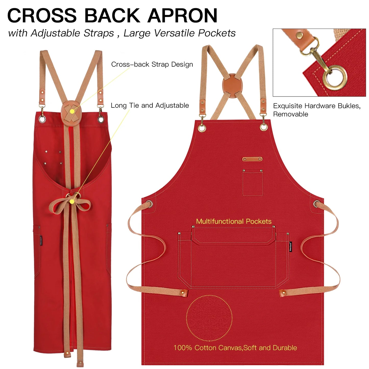 Chef Apron Artist Painting Gardening Work Apron Barista Bartender Barber Shop Apron, Cross Back Adjustable Strap Men Women Canvas Aprons with Large Pockets for Kitchen Cooking Baking Grilling – Red