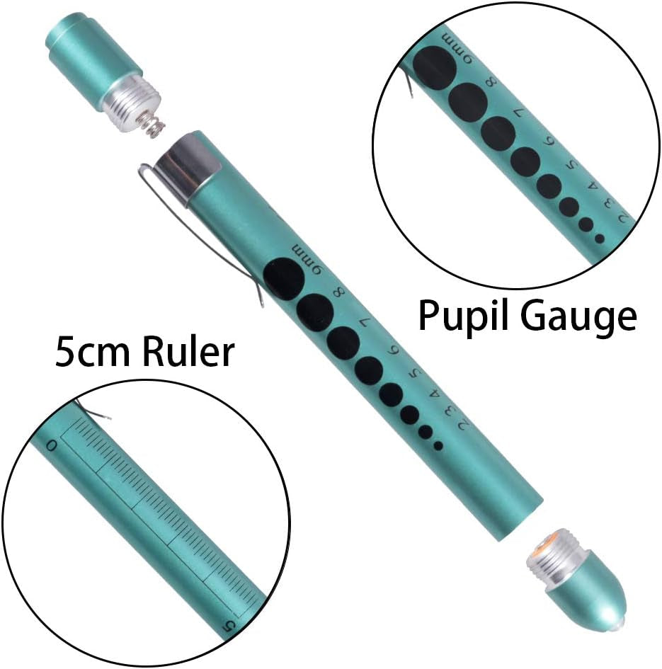 Medical Pen Light for Nurse Doctor, Reusable LED Medical Penlight Flashlight with Pupil Gauge and Ruler, White Light, Teal