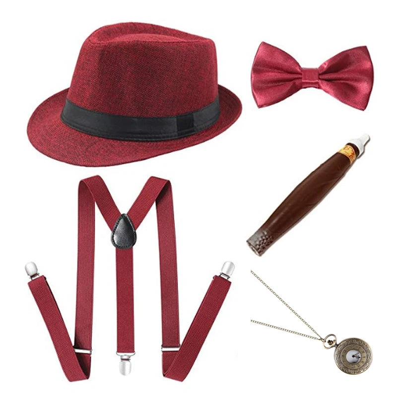 1920S Mens Great Gatsby Accessories Set Roaring 20S 30S Retro Gangster Costume Tie Hat