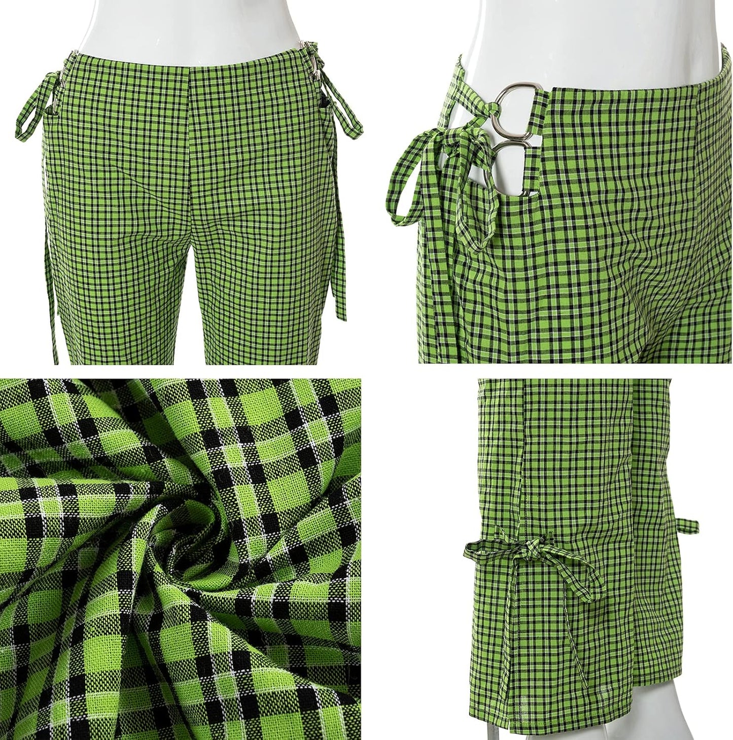 Women Plaid Wide Leg Pants with Slit Y2K High Waisted Bell Bottom Pants Lace up Elastic Trousers 90S 00S Streetwear