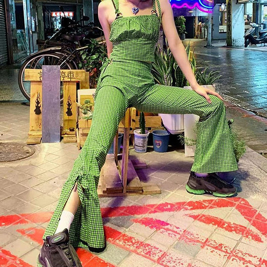 Women Plaid Wide Leg Pants with Slit Y2K High Waisted Bell Bottom Pants Lace up Elastic Trousers 90S 00S Streetwear