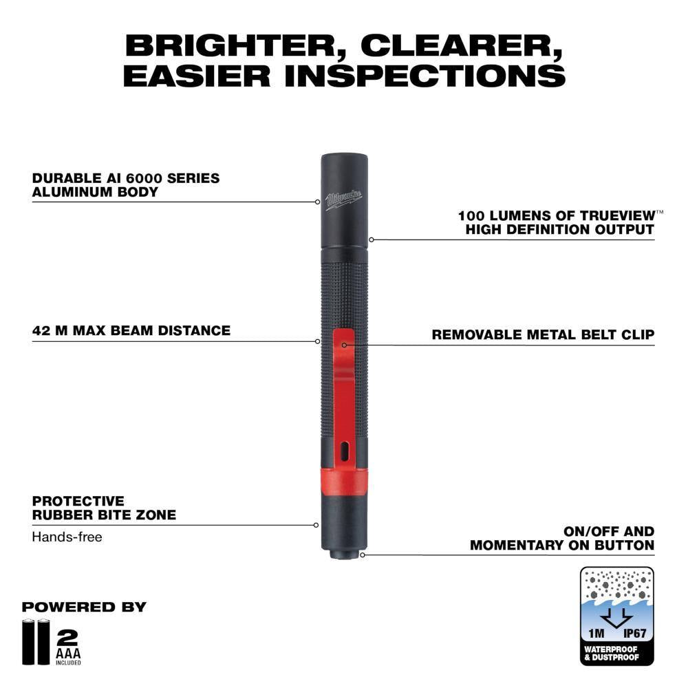 100 Lumens Aluminum Pen Light with Clip (2-Pack)