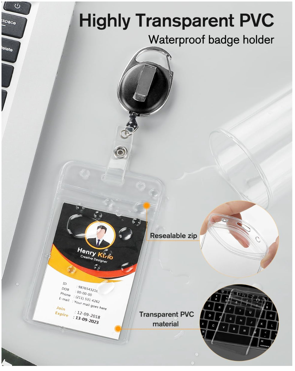 ID Badge Holder W/Retractable Reel Clip (Clear, 2 Pack) Heavy Duty Name Card Ree
