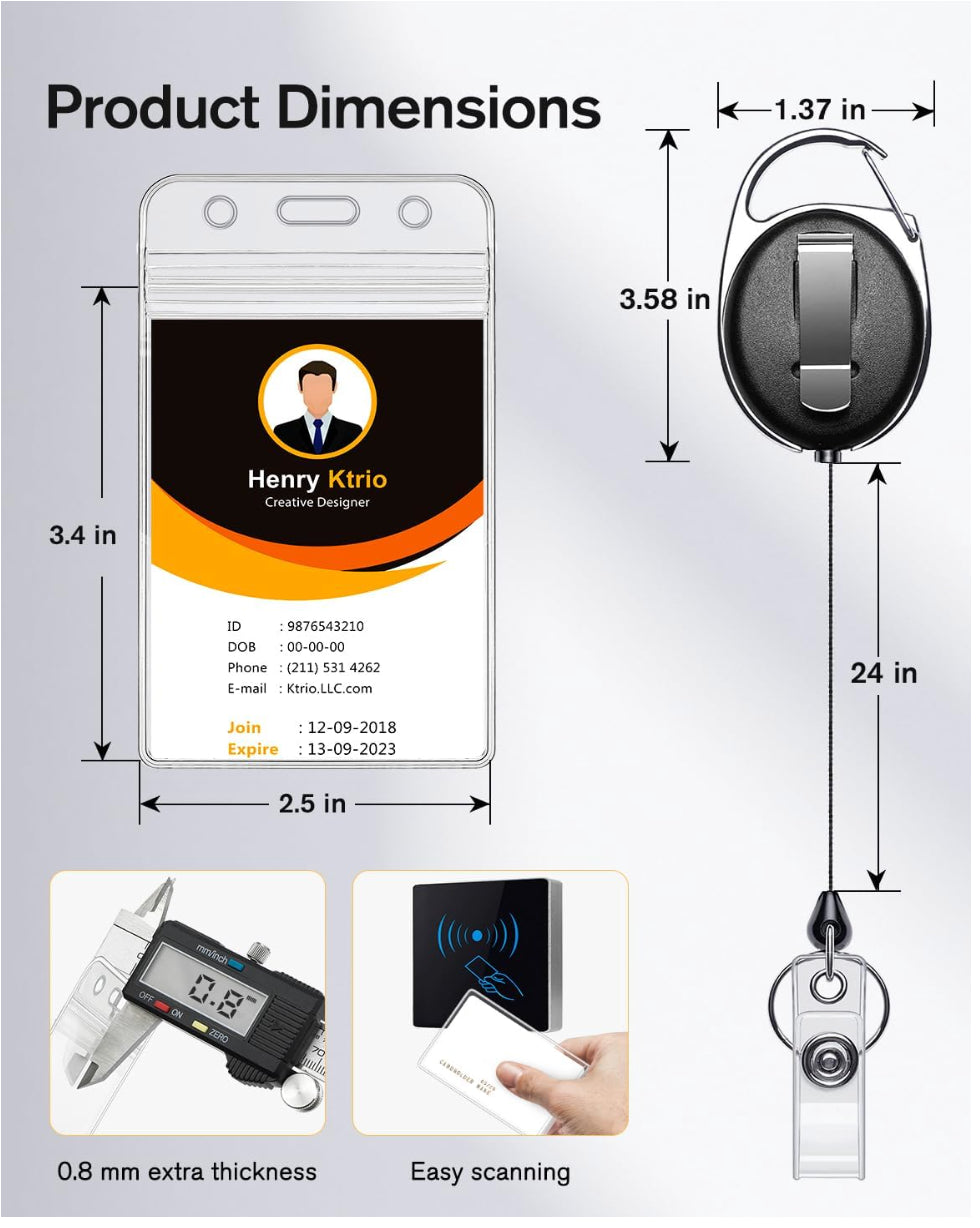 ID Badge Holder W/Retractable Reel Clip (Clear, 2 Pack) Heavy Duty Name Card Ree