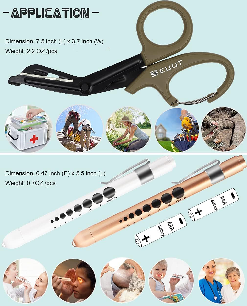 3 Pack Pen Light & Medical Shears-Two LED Penlight with Pupil Gauge, One EMT Trauma Scissor with Carabiner-7.5" Bandage Scissor for Nurse Doctor EMT