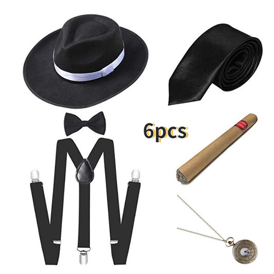 1920S Mens Great Gatsby Accessories Set Roaring 20S 30S Retro Gangster Costume Tie Hat