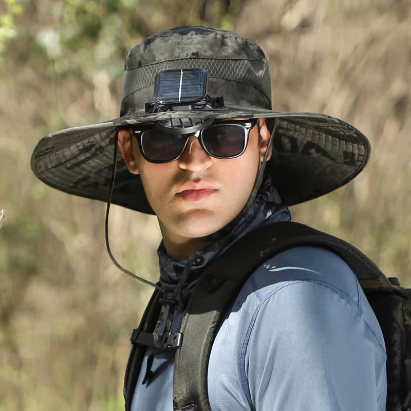 Summer Outdoor Men Large Brimsun Hat Sunscreen Hiking Fishing Cap Solar-Powered Rechargeable Large Wind Fan Fisherman Hat