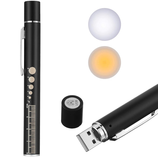 Pen Light, Reusable LED Penlight for Students Doctors Nurses with 2 LED Sources, USB Rechargeable, Extra Warm Light Bulb, Pocket Clip(Black,1 Piece)
