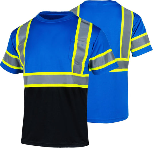 Safety Reflective High Visibility Shirt for Men ANSI Class 3 Hi Vis Construction Work Shirts with Short Sleeve(Blue,L)