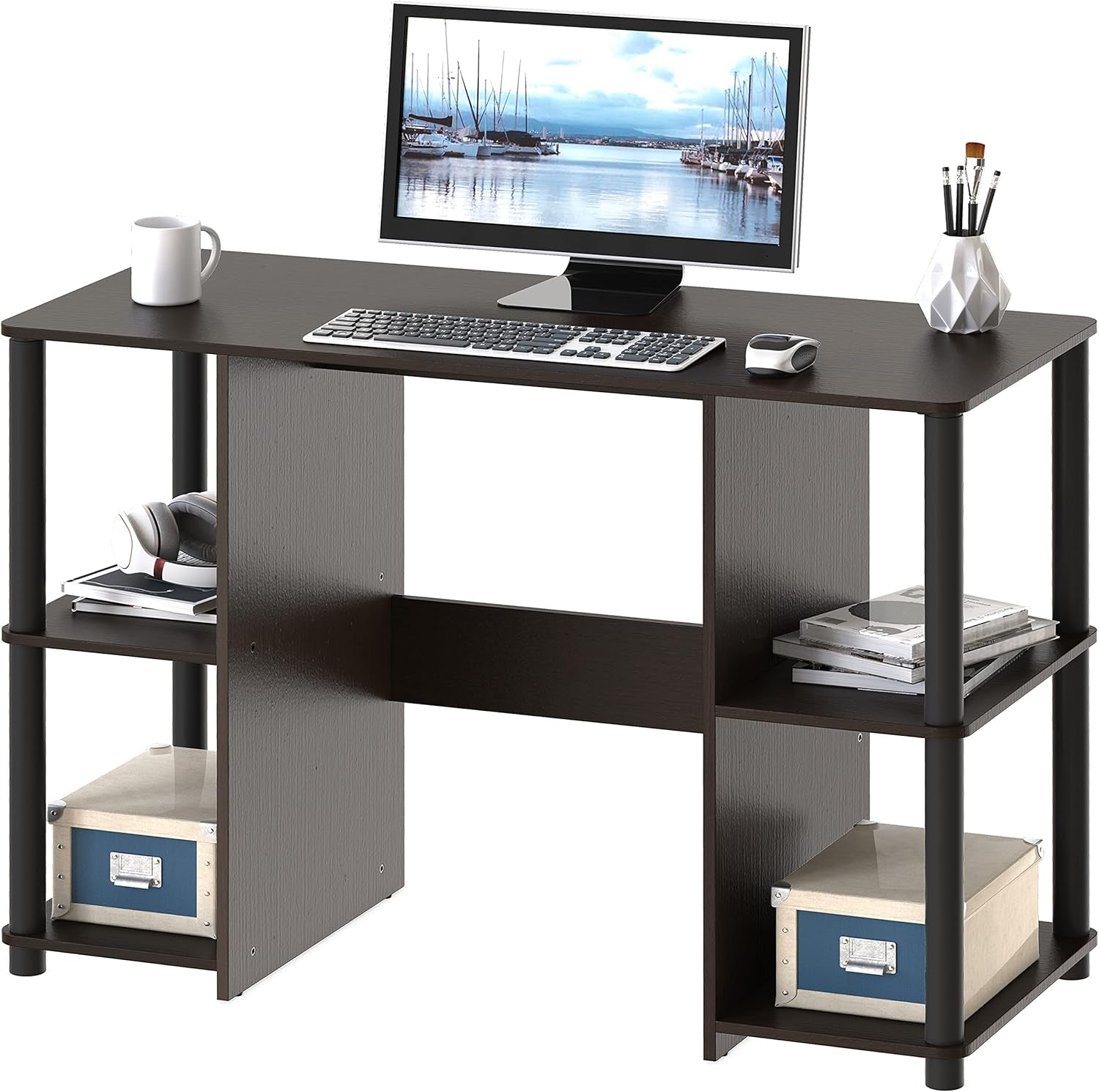 38-Inch Home Office Wood Desk with Double Sided Shelves, Espresso