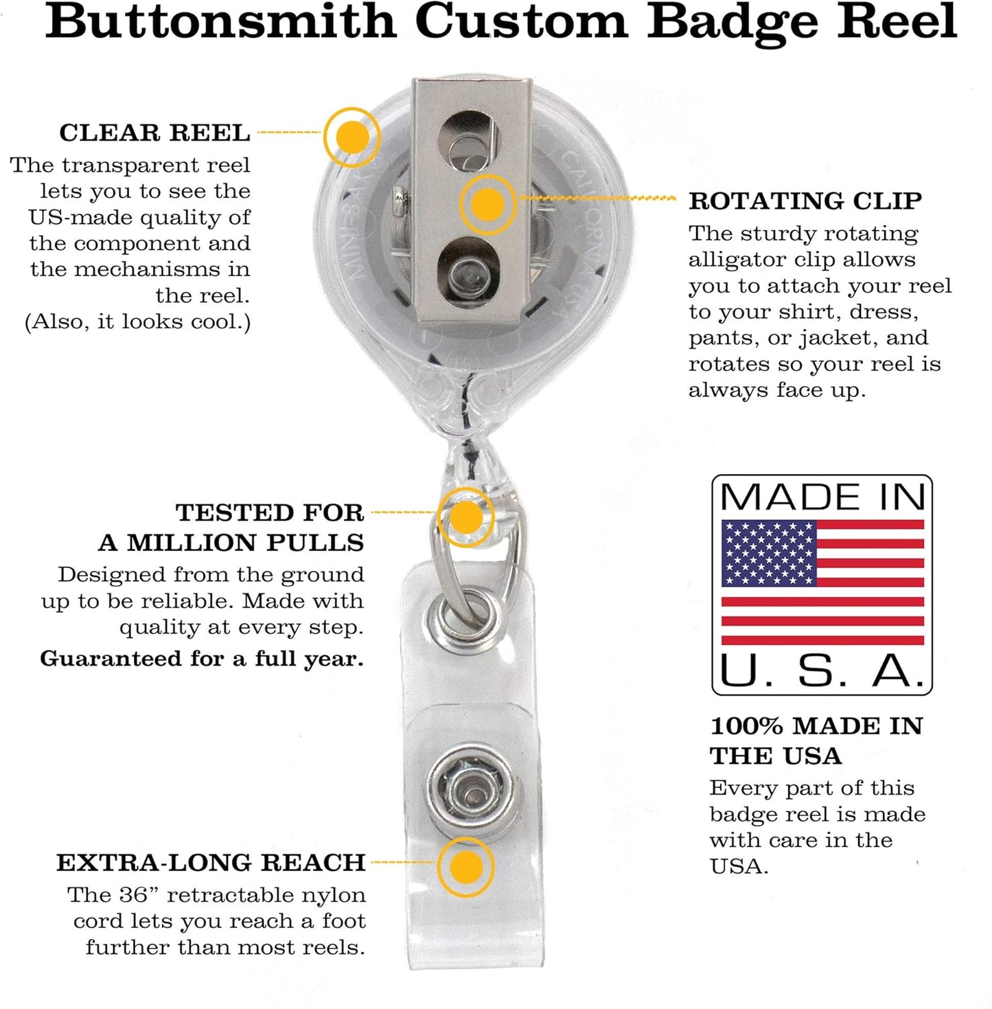 Smileys Tinker Reel Retractable Badge Reel - with Alligator Clip and Extra-Long 36 Inch Standard Duty Cord - Made in the USA